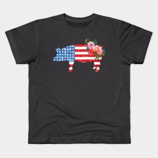 Pig America Flag With Flowers. Kids T-Shirt